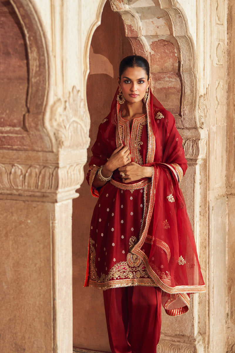 MEHWISH - DEEP RED SHORT KURTA WITH SALWAR AND DUPATTA chanderi silk kurta/kurta set by SHEETAL BATRA in red for women in Singapore