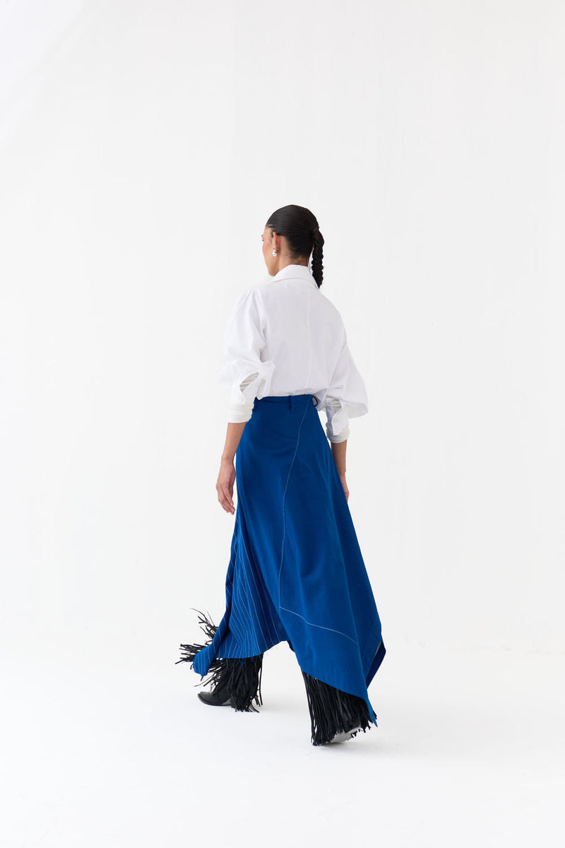Handkerchief Skirt Co-Ord (Set Of 2)-Cobalt Blue handwoven cotton co-ord set by THREE in blue, white for women in Singapore