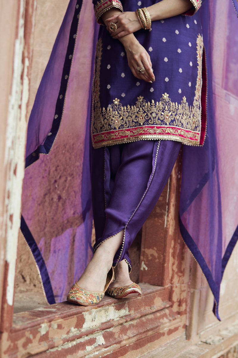 FAHMIDA - DEEP PURPLE SHORT KURTA WITH SALWAR chanderi silk kurta/kurta set by SHEETAL BATRA in purple for women in Singapore