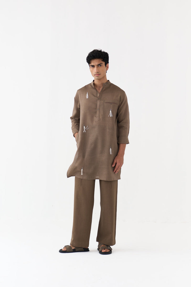 Button Emb. Kurta Co-Ord chanderi,handwoven cotton co-ord set by THREE Men in brown for men in Singapore