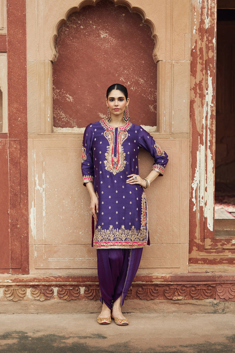 FAHMIDA - DEEP PURPLE SHORT KURTA WITH SALWAR chanderi silk kurta/kurta set by SHEETAL BATRA in purple for women in Singapore