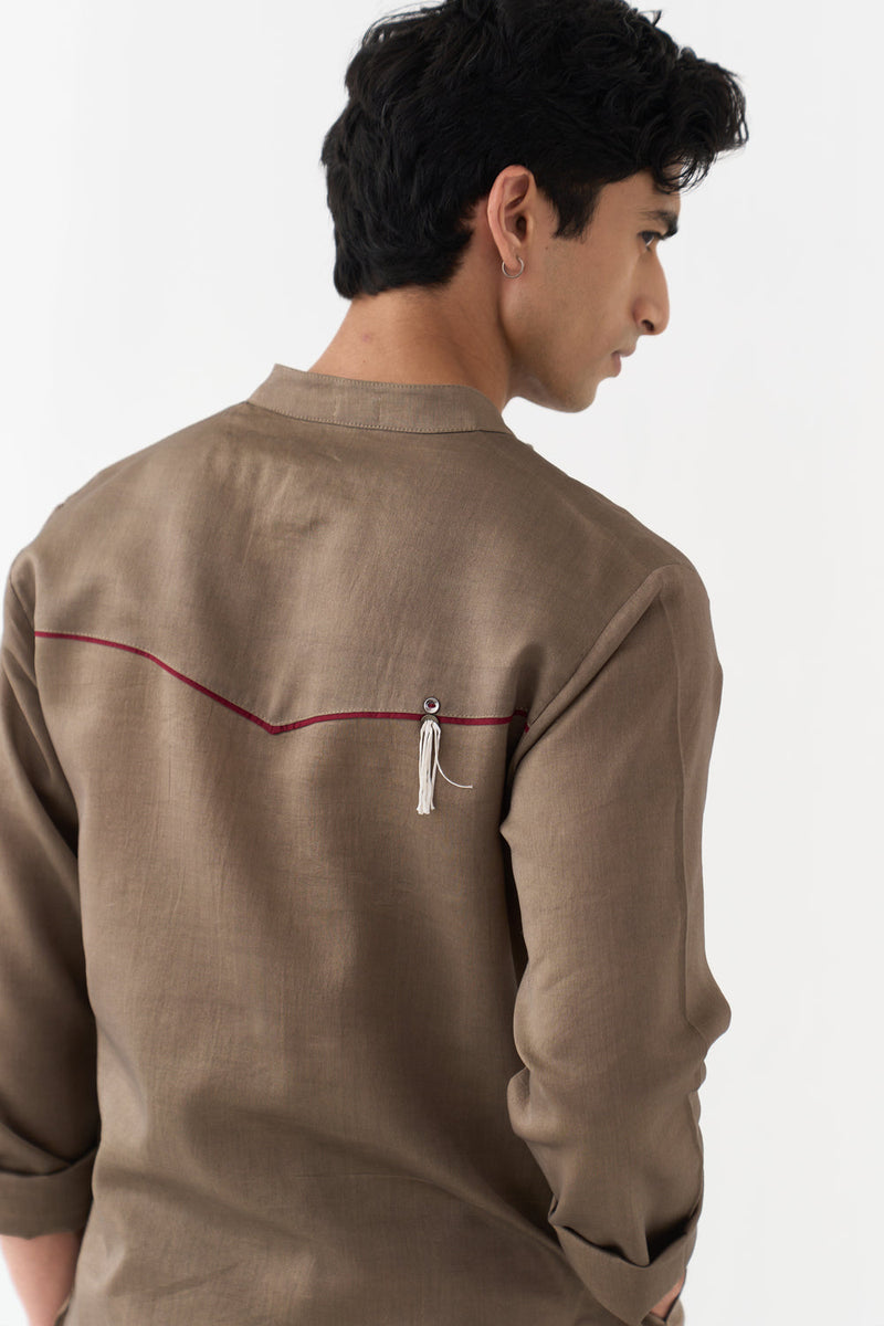 Button Emb. Kurta Co-Ord chanderi,handwoven cotton co-ord set by THREE Men in brown for men in Singapore