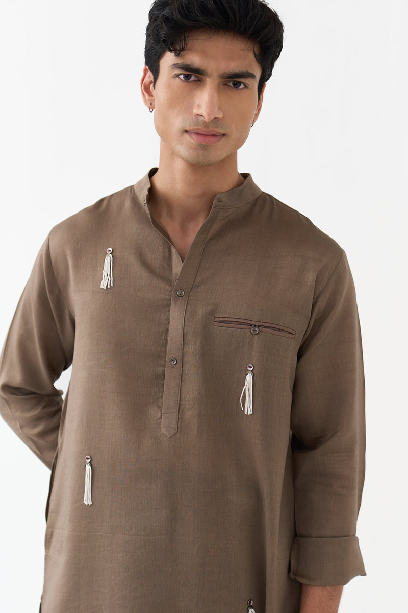 Button Emb. Kurta chanderi kurta/kurta set by THREE Men in brown for men in Singapore