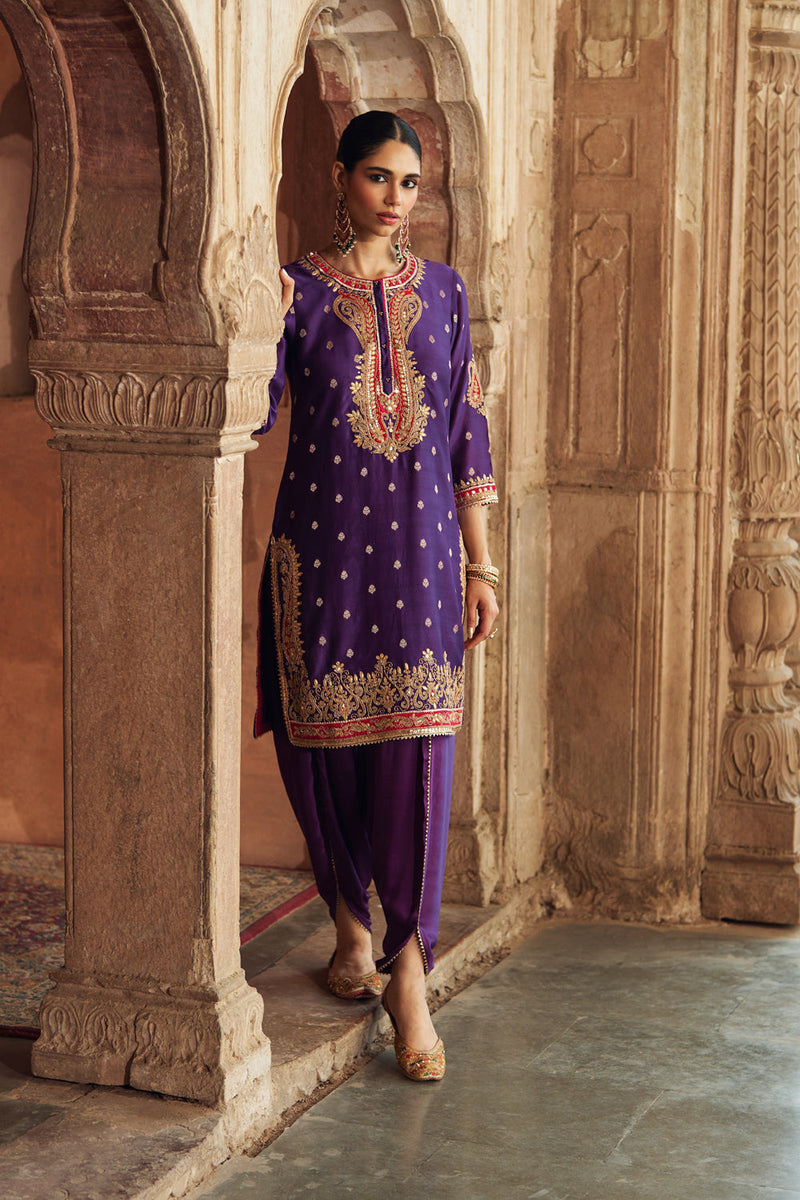 FAHMIDA - DEEP PURPLE SHORT KURTA WITH SALWAR chanderi silk kurta/kurta set by SHEETAL BATRA in purple for women in Singapore