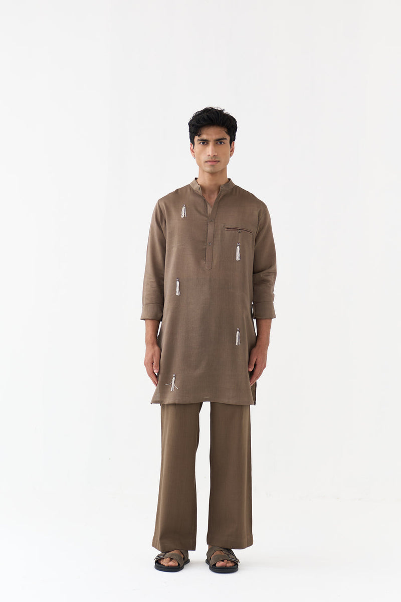 Button Emb. Kurta chanderi kurta/kurta set by THREE Men in brown for men in Singapore