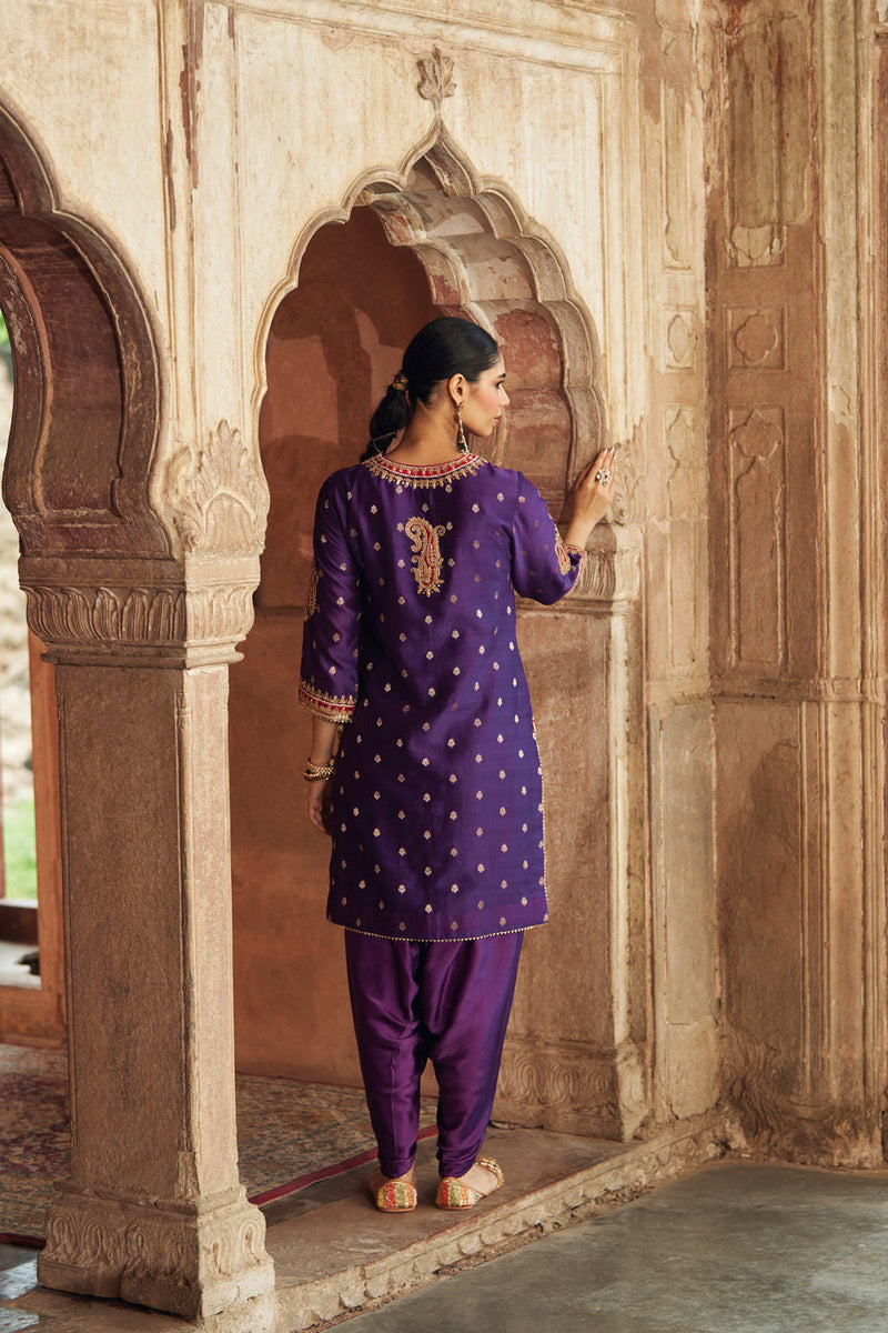 FAHMIDA - DEEP PURPLE SHORT KURTA WITH SALWAR chanderi silk kurta/kurta set by SHEETAL BATRA in purple for women in Singapore