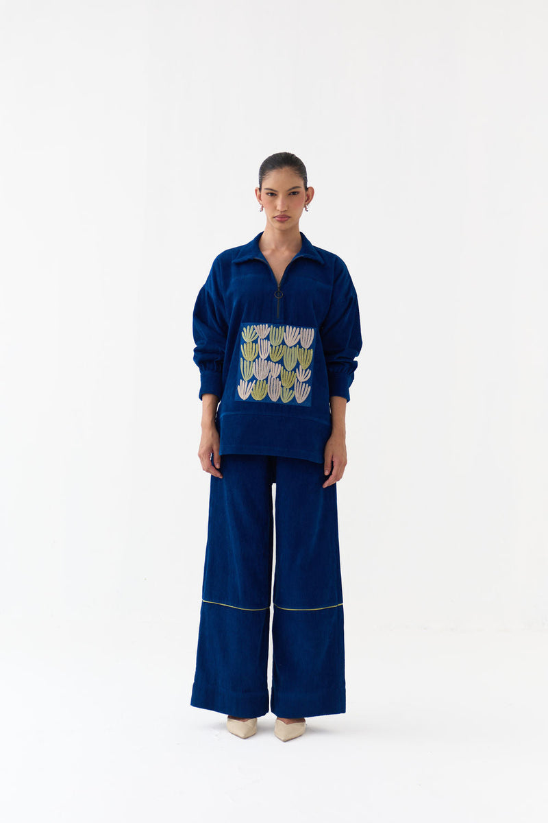 Patch U-Hem Top Co-Ord (Set Of 2)-Cobalt Blue corduroy co-ord set by THREE in blue for women in Singapore
