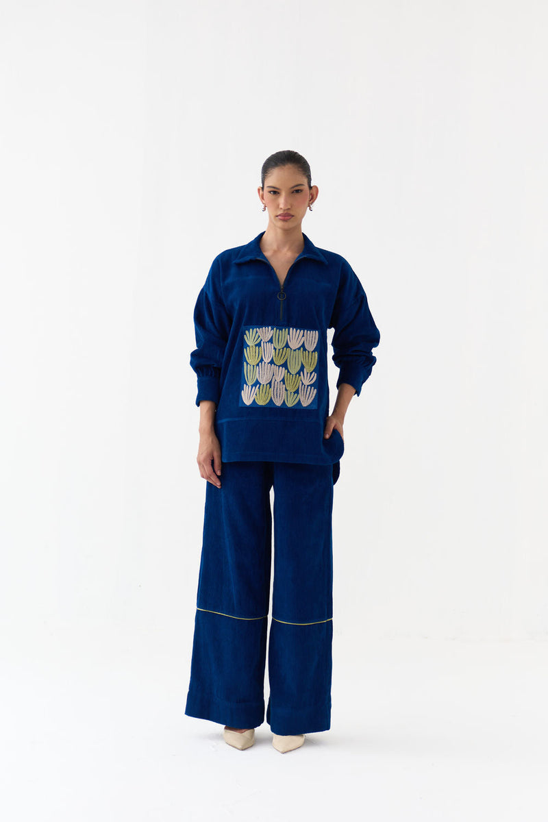 Patch U-Hem Top-Cobalt Blue corduroy top/shirt by THREE in blue for women in Singapore