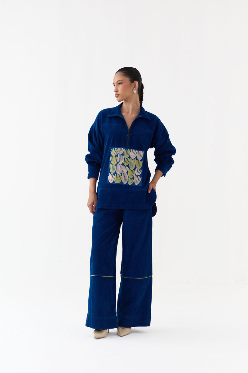 Patch U-Hem Top Co-Ord (Set Of 2)-Cobalt Blue corduroy co-ord set by THREE in blue for women in Singapore