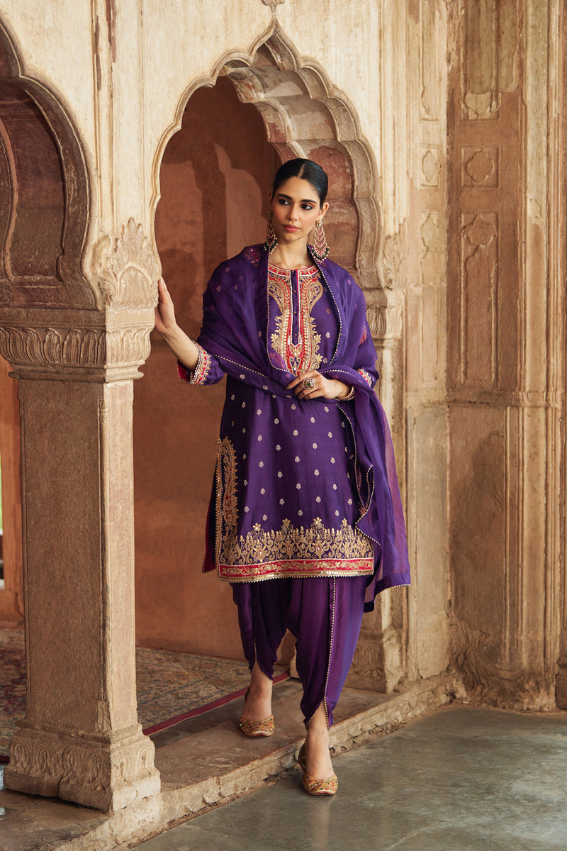 FAHMIDA - DEEP PURPLE SHORT KURTA WITH SALWAR chanderi silk kurta/kurta set by SHEETAL BATRA in purple for women in Singapore