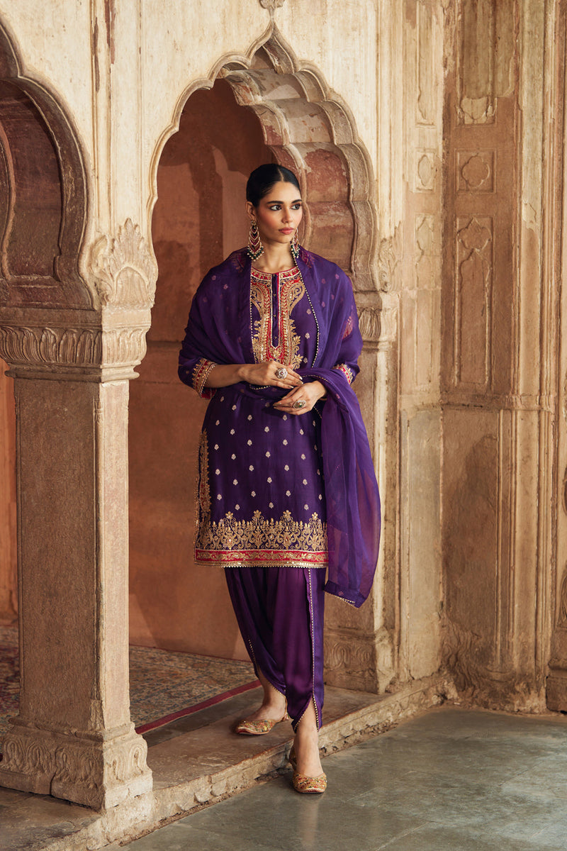 FAHMIDA - DEEP PURPLE SHORT KURTA WITH SALWAR chanderi silk kurta/kurta set by SHEETAL BATRA in purple for women in Singapore