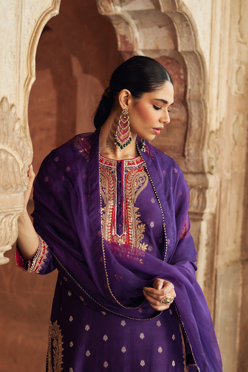 FAHMIDA - DEEP PURPLE SHORT KURTA WITH SALWAR chanderi silk kurta/kurta set by SHEETAL BATRA in purple for women in Singapore