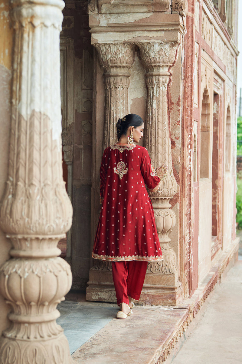 INAAYAT - DEEP RED CHAUGA WITH SALWAR chanderi silk kurta/kurta set by SHEETAL BATRA in red for women in Singapore