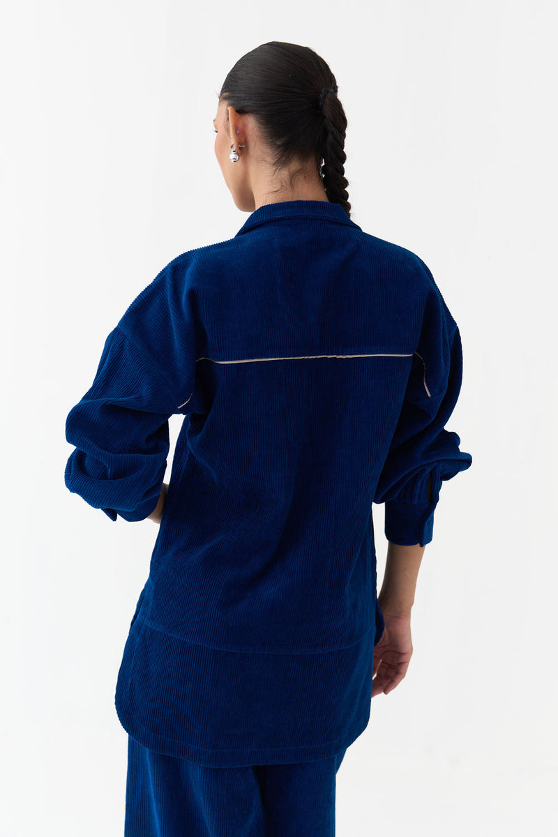 Patch U-Hem Top-Cobalt Blue corduroy top/shirt by THREE in blue for women in Singapore