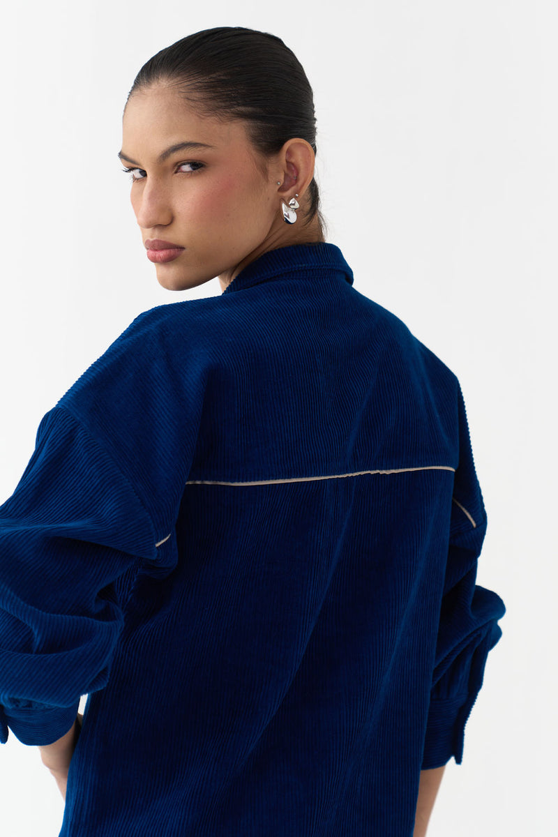 Patch U-Hem Top Co-Ord (Set Of 2)-Cobalt Blue corduroy co-ord set by THREE in blue for women in Singapore