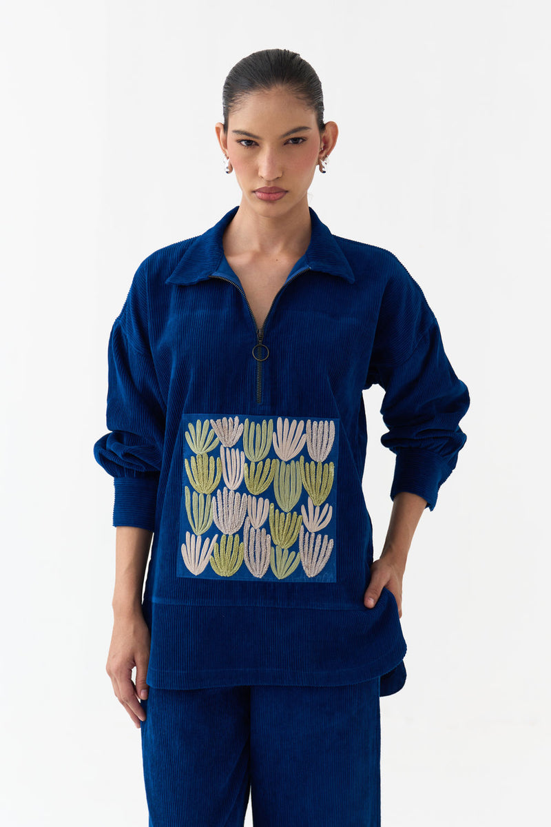 Patch U-Hem Top-Cobalt Blue corduroy top/shirt by THREE in blue for women in Singapore