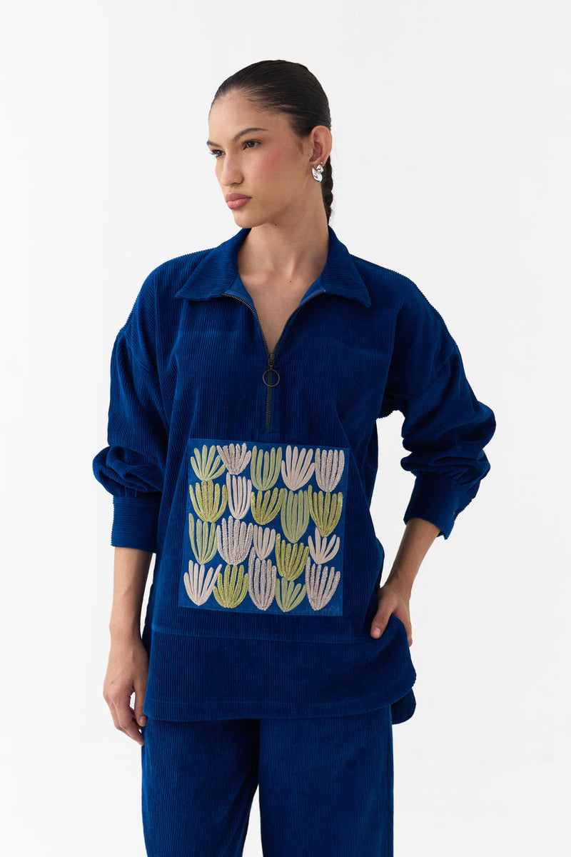 Patch U-Hem Top-Cobalt Blue corduroy top/shirt by THREE in blue for women in Singapore