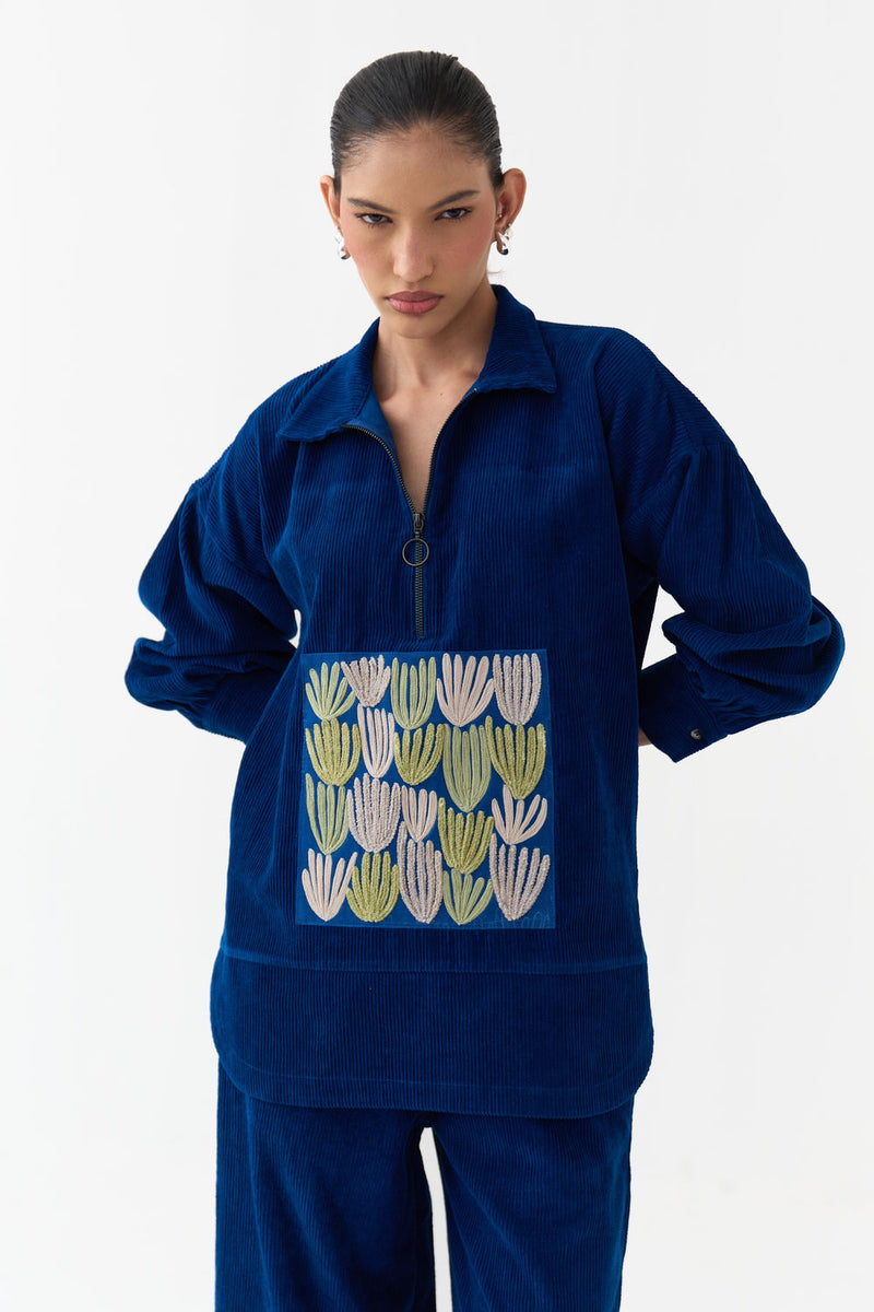 Patch U-Hem Top-Cobalt Blue corduroy top/shirt by THREE in blue for women in Singapore