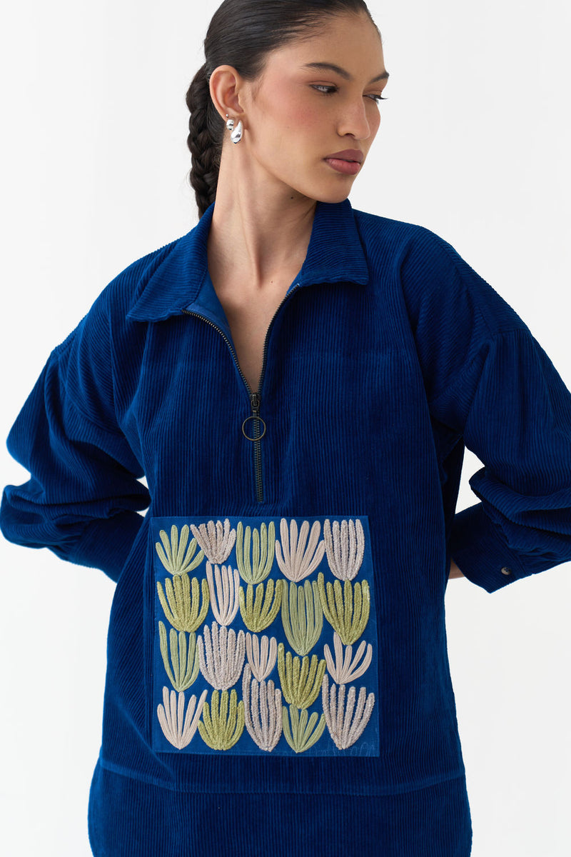 Patch U-Hem Top-Cobalt Blue corduroy top/shirt by THREE in blue for women in Singapore