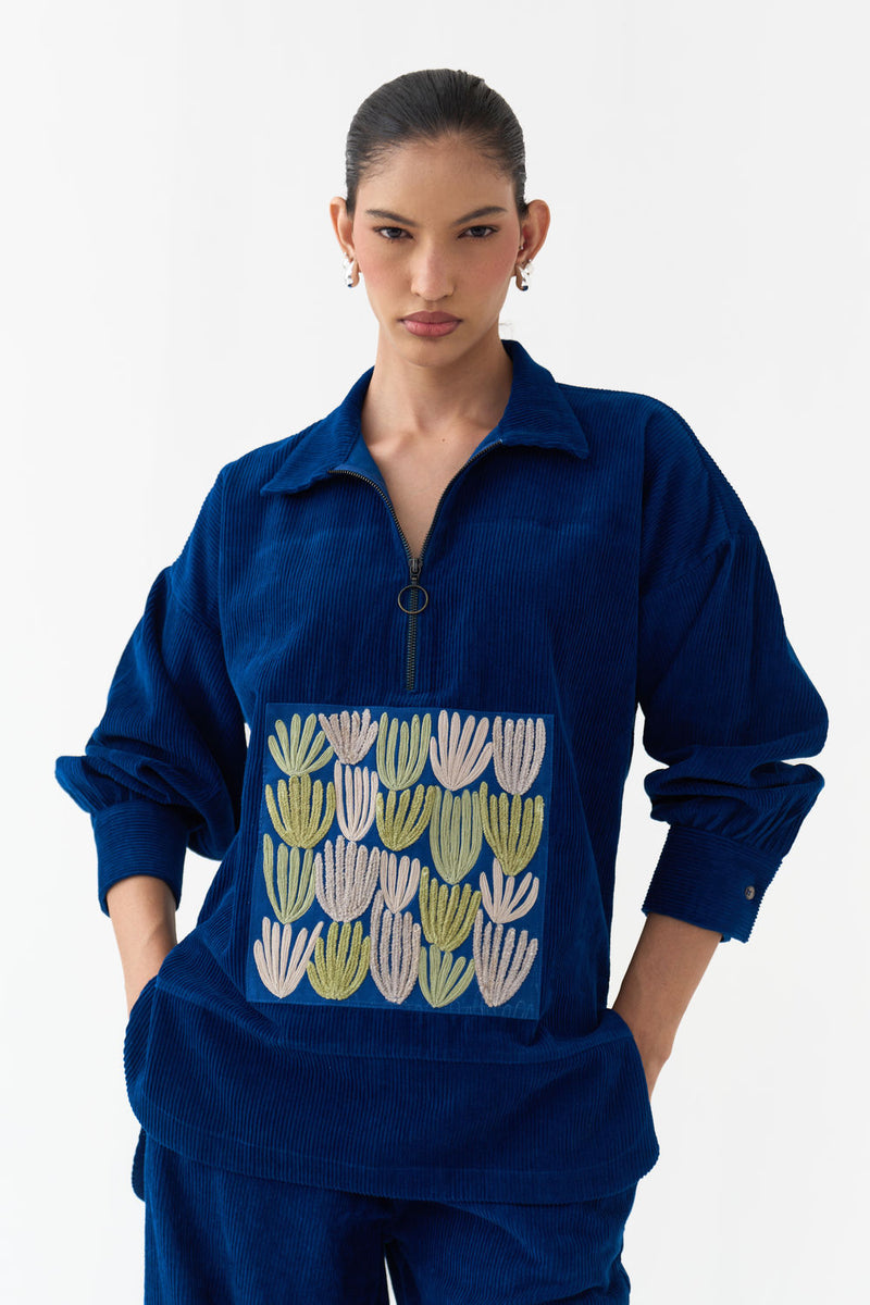 Patch U-Hem Top Co-Ord (Set Of 2)-Cobalt Blue corduroy co-ord set by THREE in blue for women in Singapore