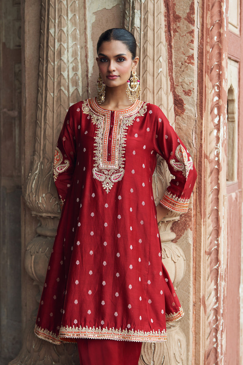 INAAYAT - DEEP RED CHAUGA WITH SALWAR chanderi silk kurta/kurta set by SHEETAL BATRA in red for women in Singapore