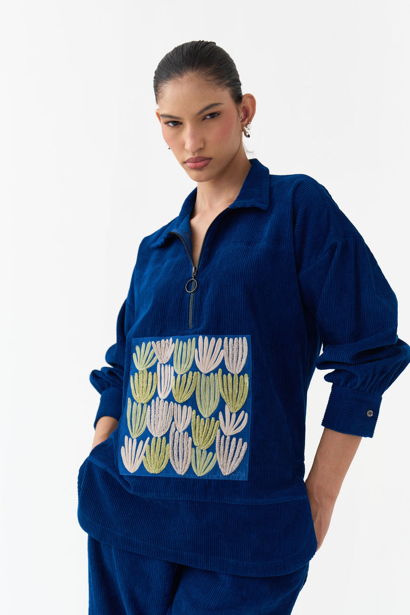 Patch U-Hem Top-Cobalt Blue corduroy top/shirt by THREE in blue for women in Singapore