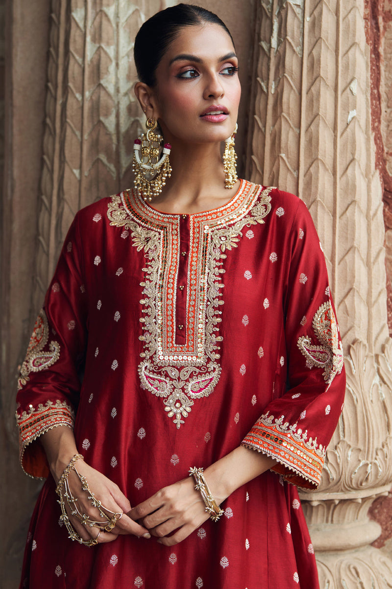 INAAYAT - DEEP RED CHAUGA WITH SALWAR chanderi silk kurta/kurta set by SHEETAL BATRA in red for women in Singapore