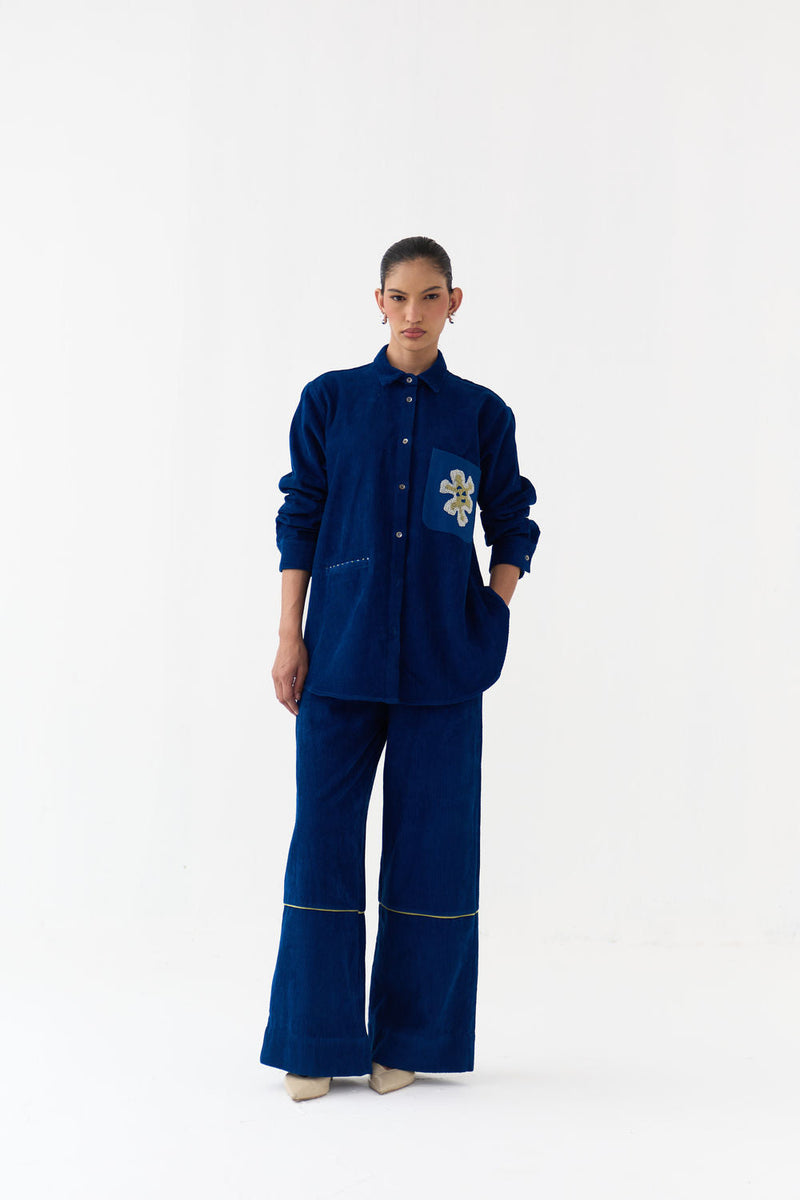 Hand Emb. Patch Pocket Shirt Co-Ord (Set Of 2)-Cobalt Blue corduroy co-ord set by THREE in blue for women in Singapore
