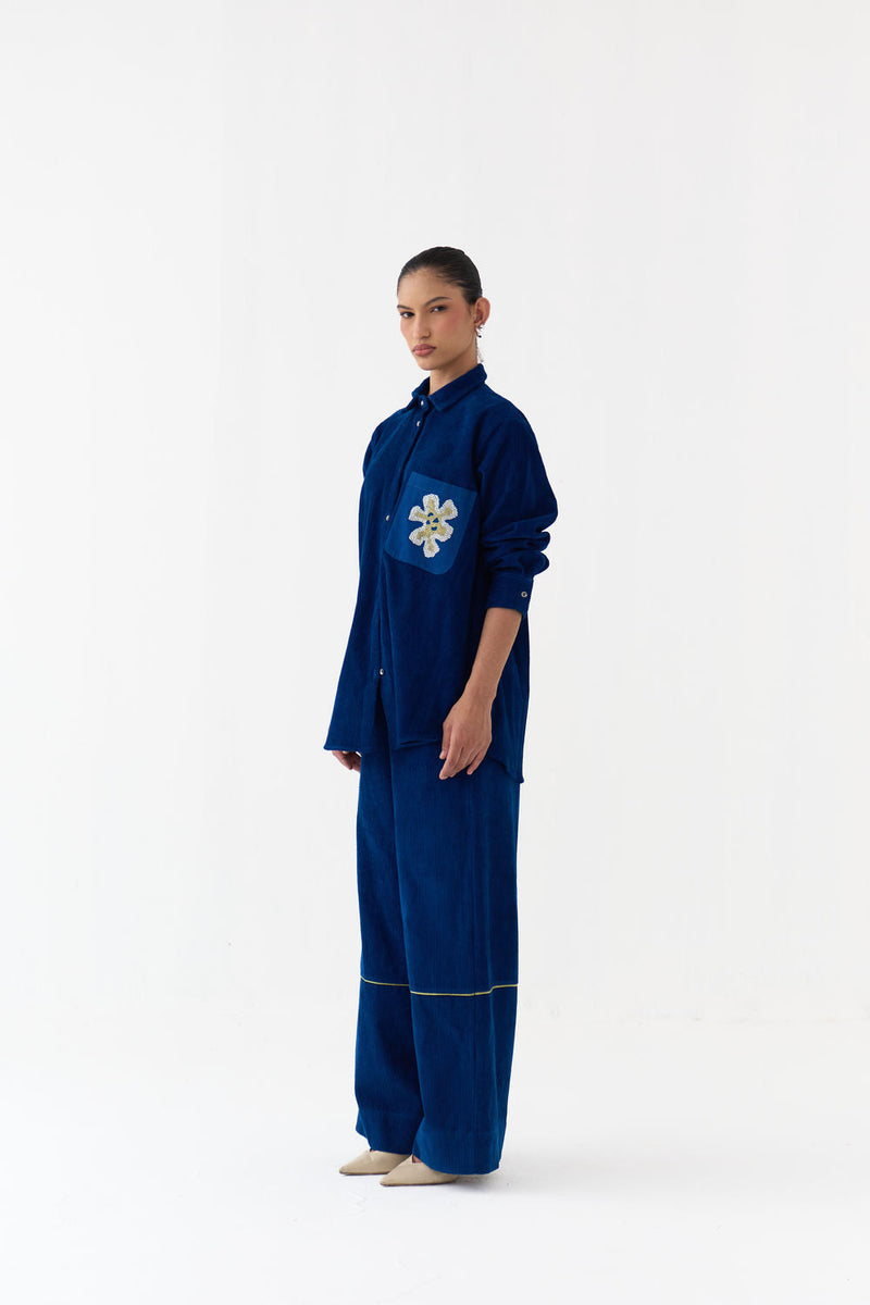 Hand Emb. Patch Pocket Shirt-Cobalt Blue corduroy tunics and kaftans by THREE in blue for women in Singapore