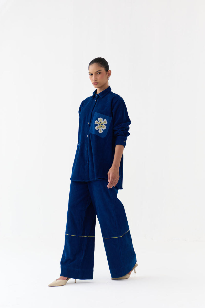 Hand Emb. Patch Pocket Shirt Co-Ord (Set Of 2)-Cobalt Blue corduroy co-ord set by THREE in blue for women in Singapore