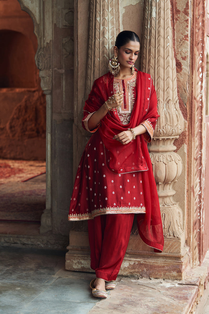 INAAYAT - DEEP RED CHAUGA WITH SALWAR chanderi silk kurta/kurta set by SHEETAL BATRA in red for women in Singapore