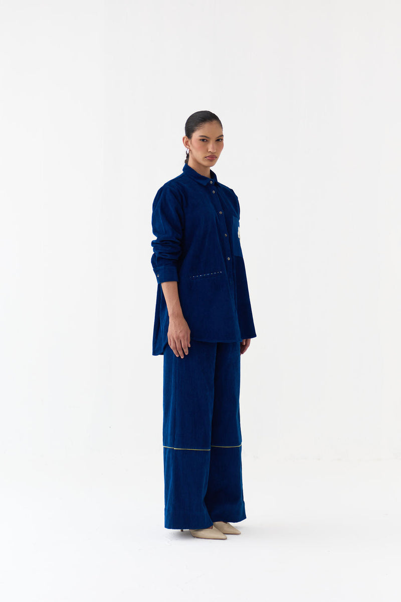 Hand Emb. Patch Pocket Shirt Co-Ord (Set Of 2)-Cobalt Blue corduroy co-ord set by THREE in blue for women in Singapore