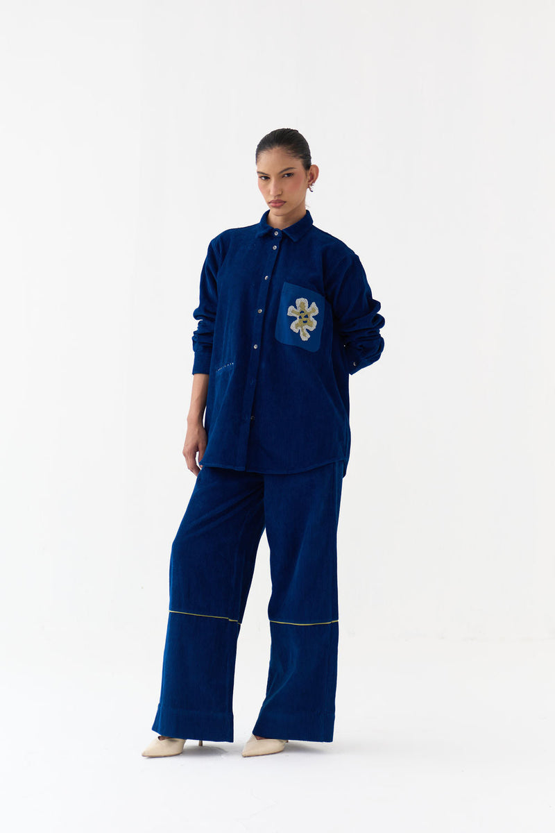 Hand Emb. Patch Pocket Shirt-Cobalt Blue corduroy tunics and kaftans by THREE in blue for women in Singapore