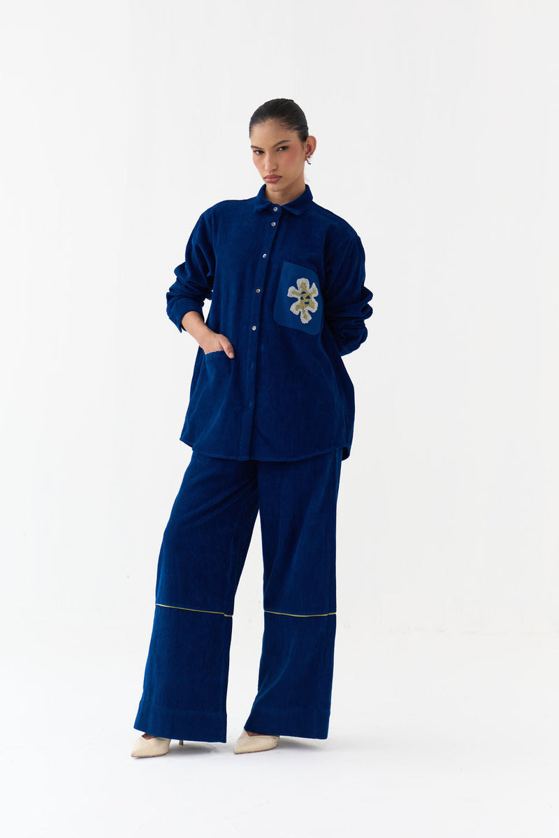 Hand Emb. Patch Pocket Shirt Co-Ord (Set Of 2)-Cobalt Blue corduroy co-ord set by THREE in blue for women in Singapore