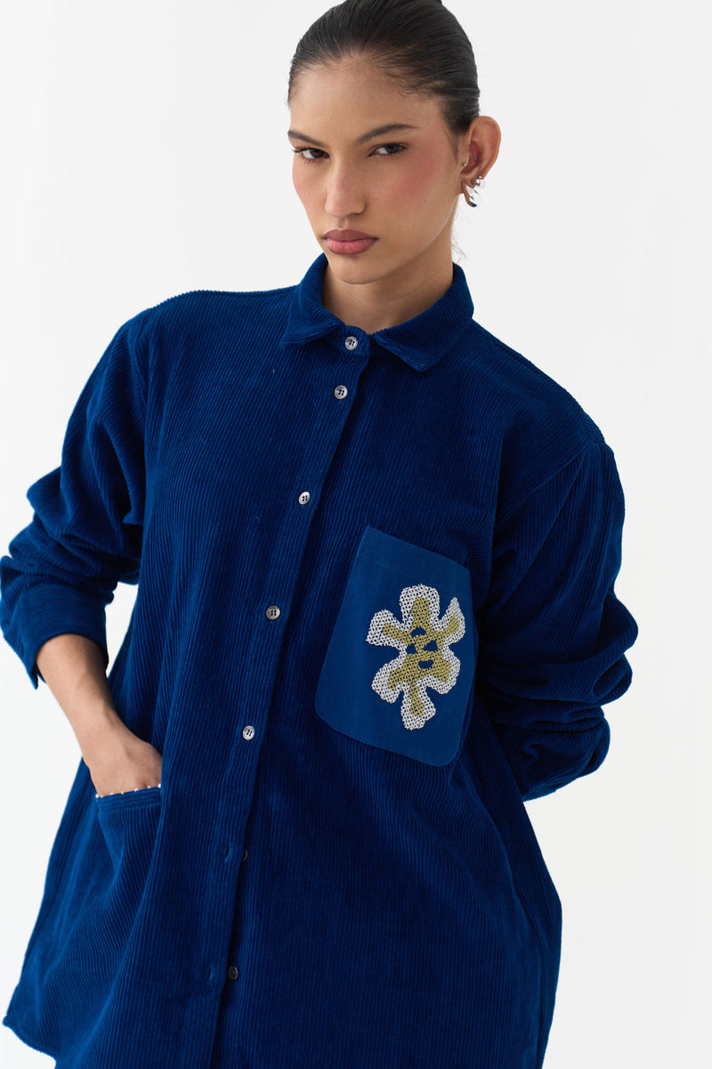 Hand Emb. Patch Pocket Shirt-Cobalt Blue corduroy tunics and kaftans by THREE in blue for women in Singapore