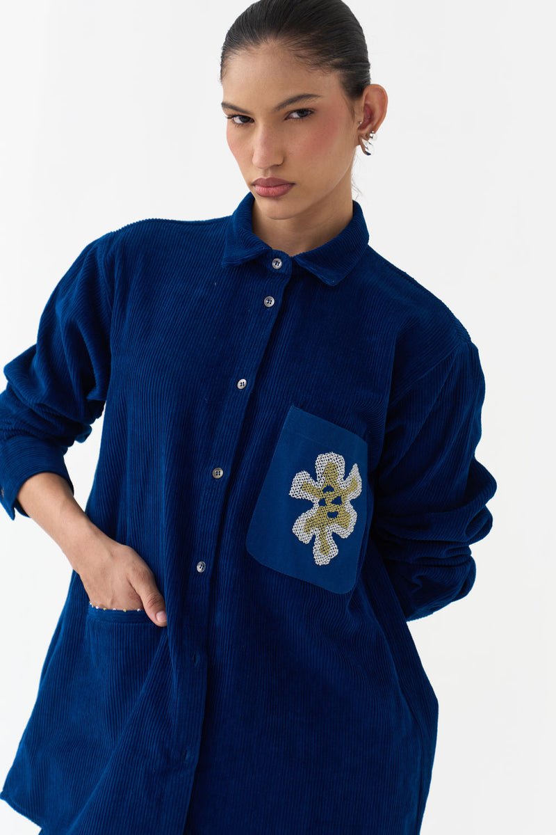 Hand Emb. Patch Pocket Shirt Co-Ord (Set Of 2)-Cobalt Blue corduroy co-ord set by THREE in blue for women in Singapore