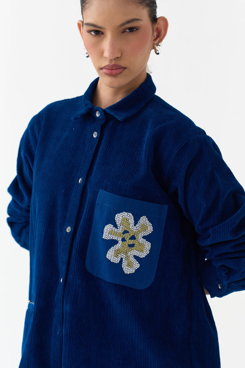 Hand Emb. Patch Pocket Shirt-Cobalt Blue corduroy tunics and kaftans by THREE in blue for women in Singapore