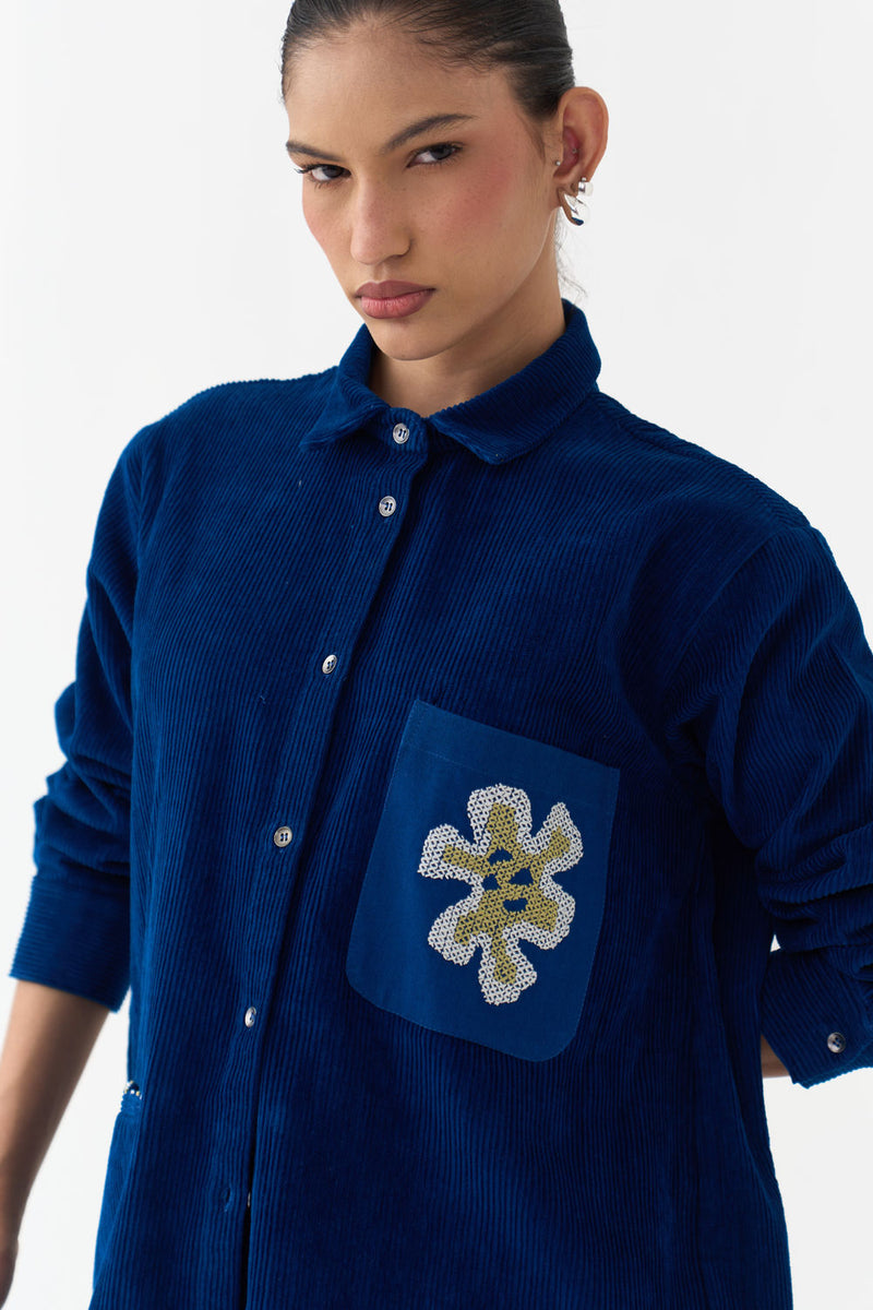 Hand Emb. Patch Pocket Shirt-Cobalt Blue corduroy tunics and kaftans by THREE in blue for women in Singapore