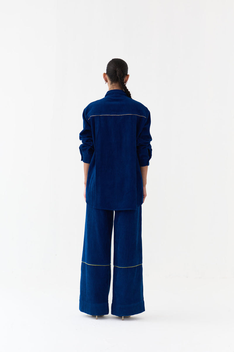 Hand Emb. Patch Pocket Shirt Co-Ord (Set Of 2)-Cobalt Blue corduroy co-ord set by THREE in blue for women in Singapore