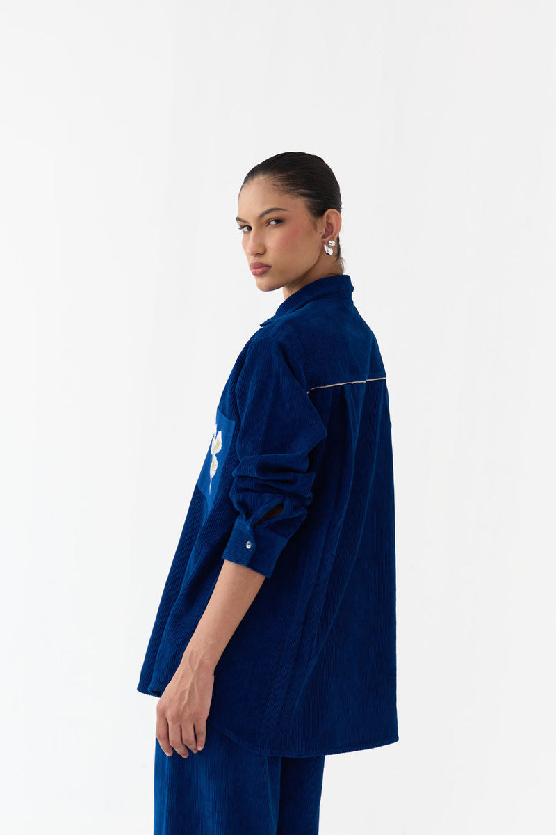 Hand Emb. Patch Pocket Shirt-Cobalt Blue corduroy tunics and kaftans by THREE in blue for women in Singapore