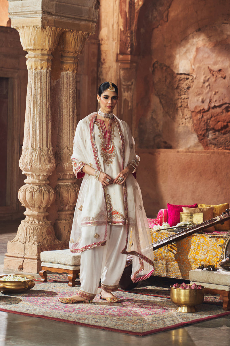 MEHWISH - DAISY IVORY SHORT KURTA WITH SALWAR AND DUPATTA chanderi silk kurta/kurta set by SHEETAL BATRA in ivory for women in Singapore