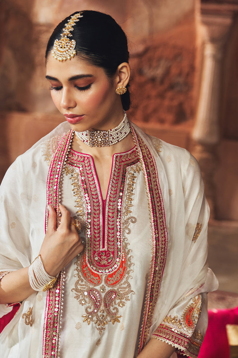 MEHWISH - DAISY IVORY SHORT KURTA WITH SALWAR AND DUPATTA chanderi silk kurta/kurta set by SHEETAL BATRA in ivory for women in Singapore