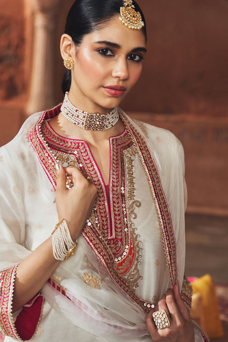 MEHWISH - DAISY IVORY SHORT KURTA WITH SALWAR AND DUPATTA chanderi silk kurta/kurta set by SHEETAL BATRA in ivory for women in Singapore