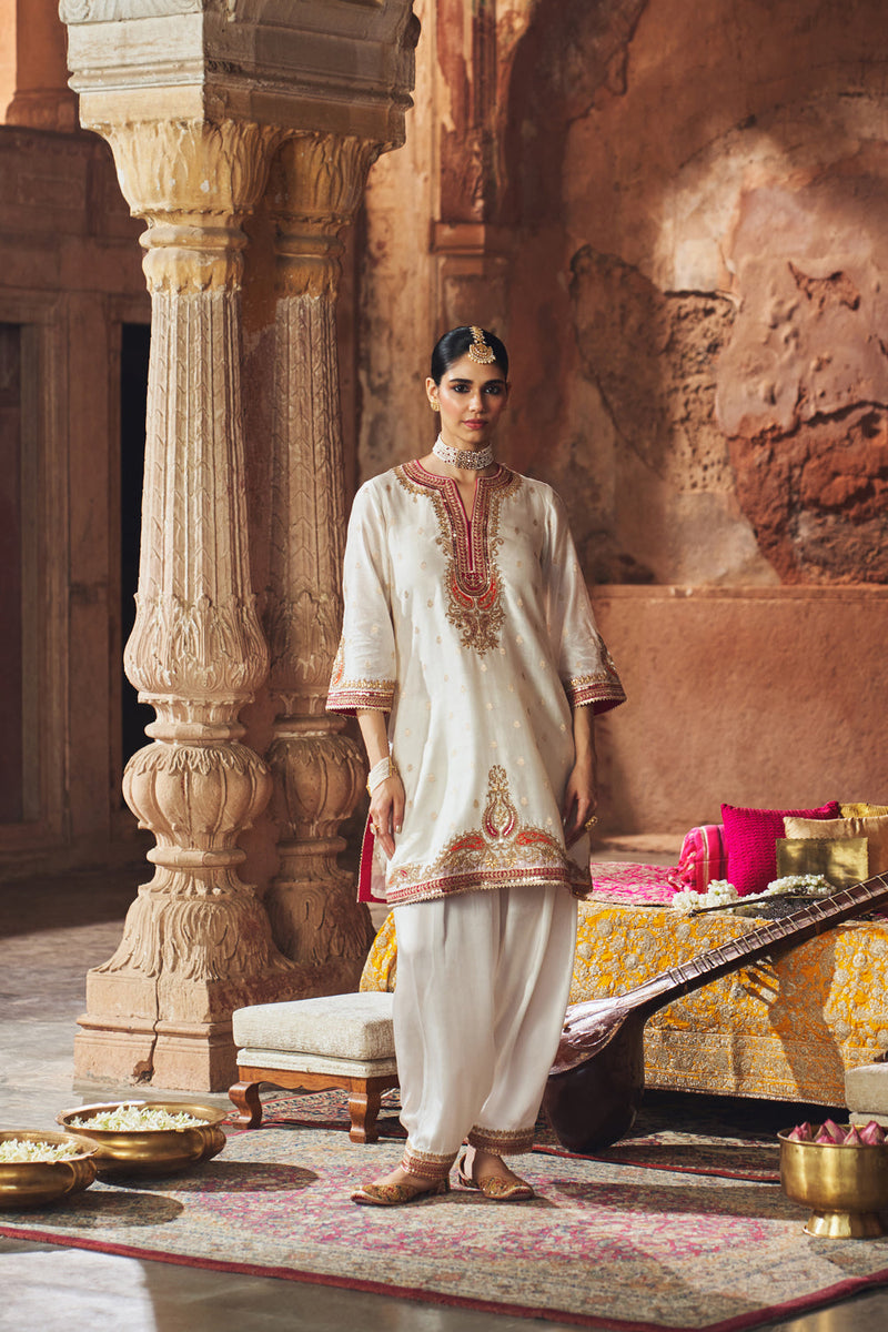MEHWISH - DAISY IVORY SHORT KURTA WITH SALWAR AND DUPATTA chanderi silk kurta/kurta set by SHEETAL BATRA in ivory for women in Singapore