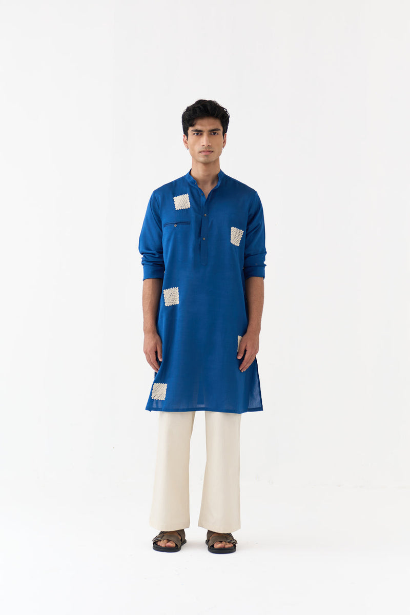 Square Emb. Kurta Co-Ord chanderi,twill co-ord set by THREE Men in blue,ivory for men in Singapore