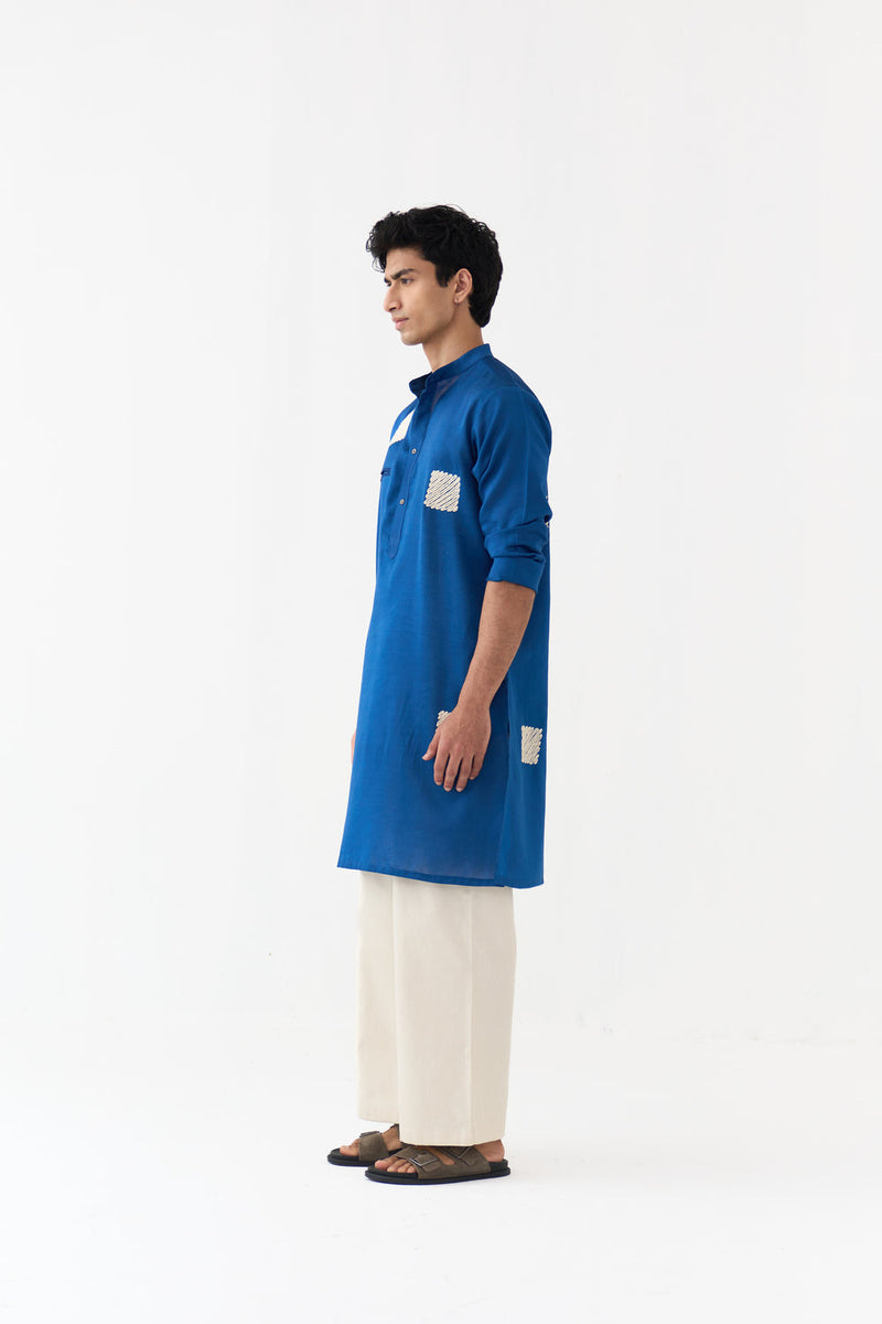 Square Emb. Kurta chanderi kurta/kurta set by THREE Men in blue for men in Singapore