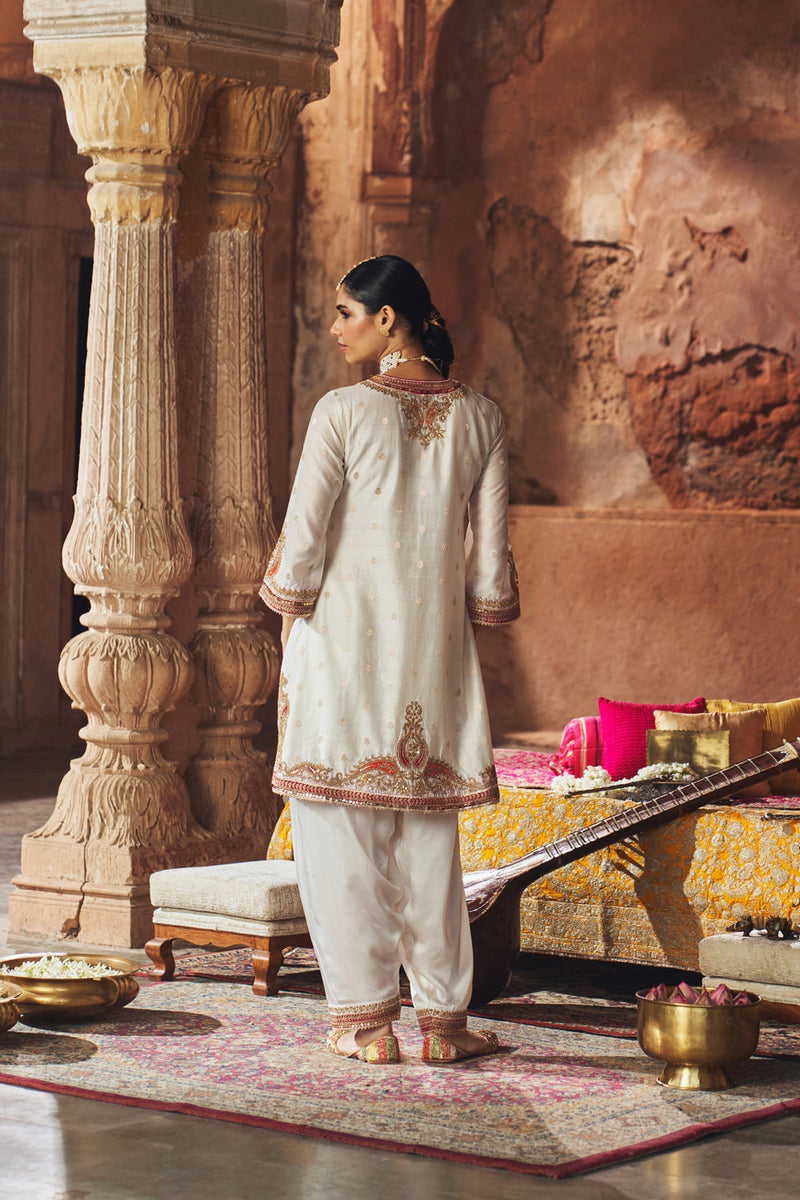 MEHWISH - DAISY IVORY SHORT KURTA WITH SALWAR AND DUPATTA chanderi silk kurta/kurta set by SHEETAL BATRA in ivory for women in Singapore