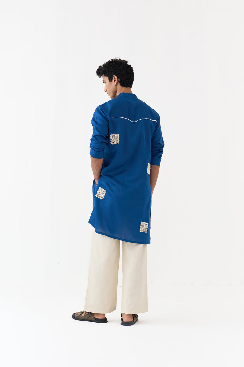 Square Emb. Kurta Co-Ord chanderi,twill co-ord set by THREE Men in blue,ivory for men in Singapore