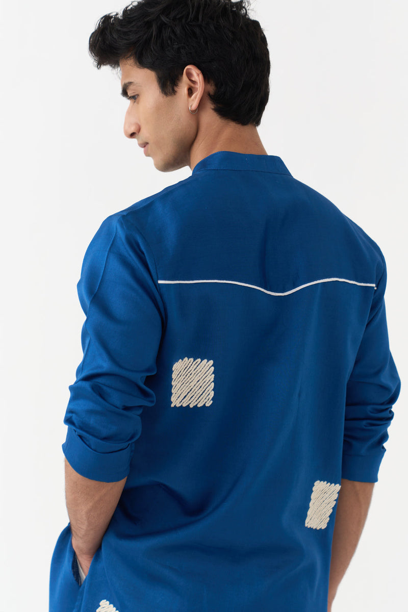 Square Emb. Kurta Co-Ord chanderi,twill co-ord set by THREE Men in blue,ivory for men in Singapore