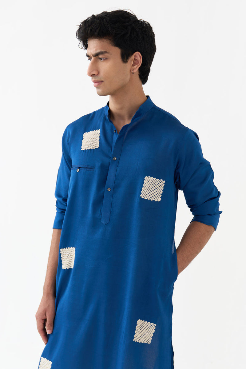 Square Emb. Kurta Co-Ord chanderi,twill co-ord set by THREE Men in blue,ivory for men in Singapore